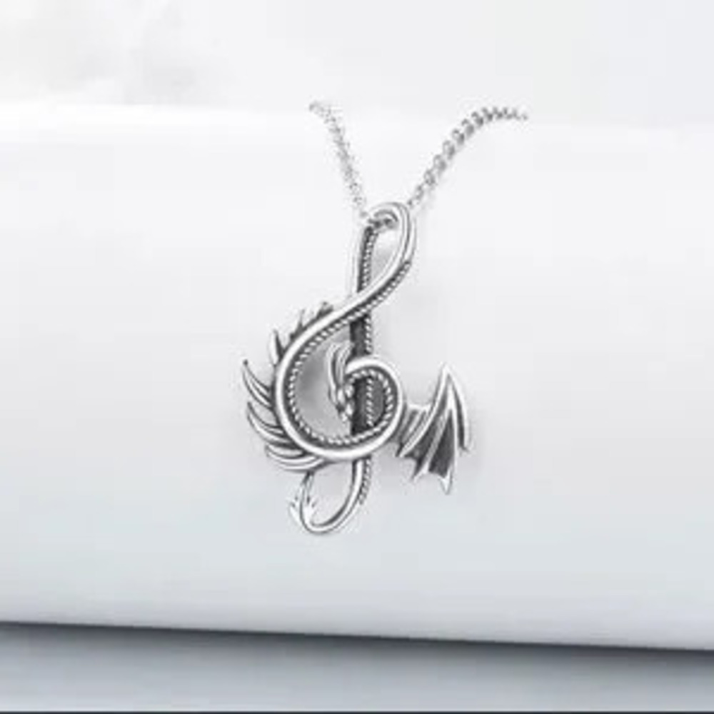 18K White Gold Unisex Dragon Treble Clef Music Note Goth Punk Biker Necklace